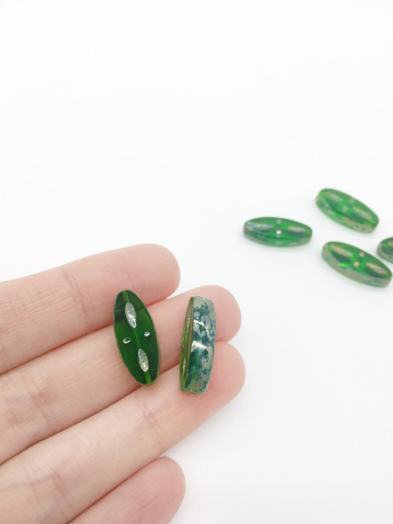 10 x Green Picasso Czech Glass Flat Oval Beads with Inlay Pattern, 20x9mm (3369)