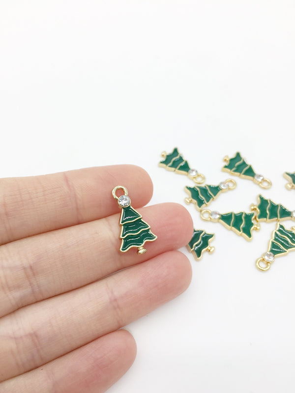 12 x Green Enamel Christmas Tree Charms, 21x11mm (2888)