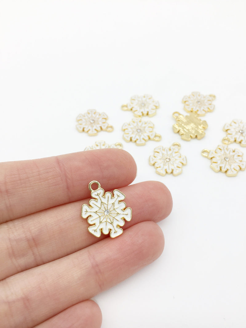 6 x White Enamel Gold Snowflake Pendants, 19x16mm (2913)