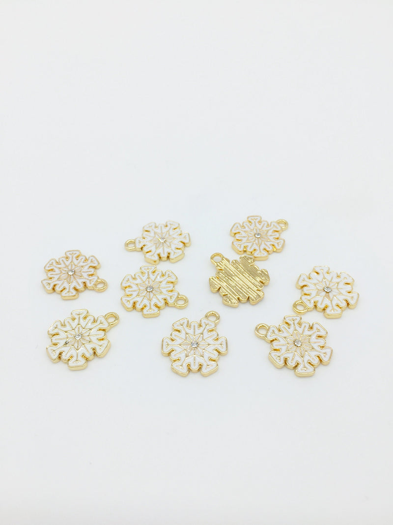 6 x White Enamel Gold Snowflake Pendants, 19x16mm (2913)