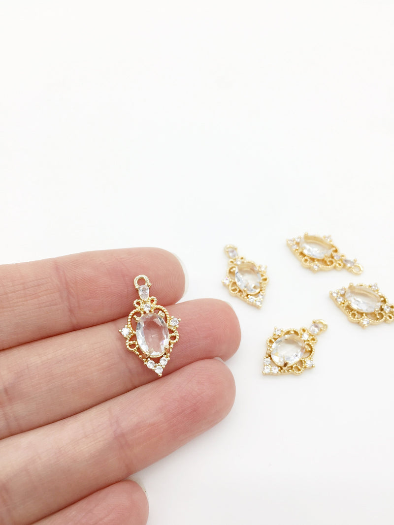 1 x 24K Gold Plated Vintage Style Cubic Zirconia Drop Pendant, 20x12mm (1588)