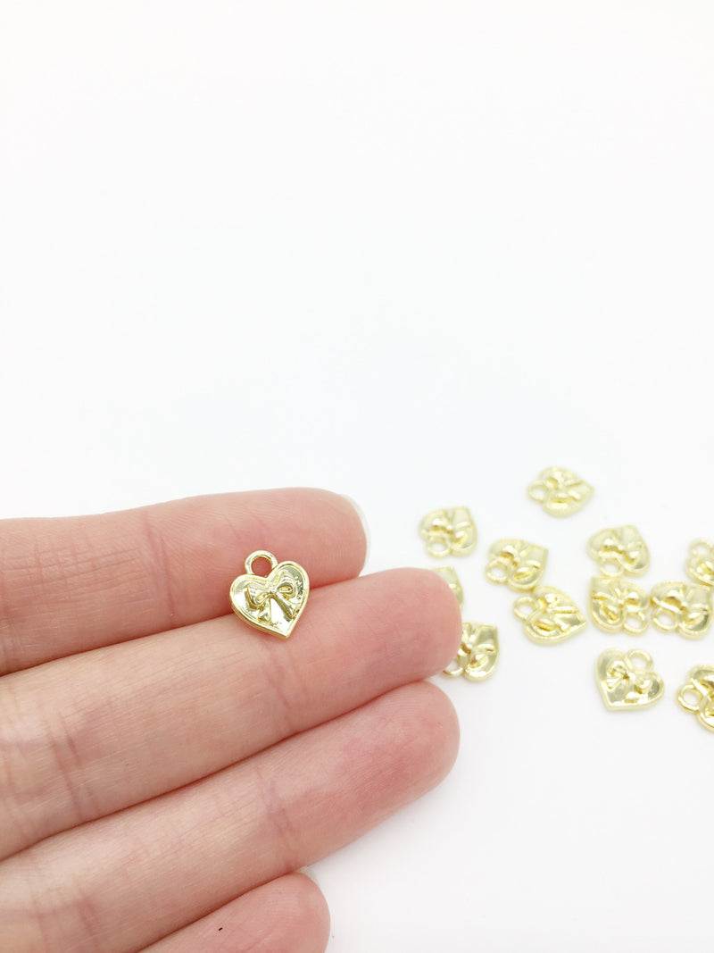 10 x Dainty Gold Plated Heart with Bow Charms, 11x9.5mm (1597)