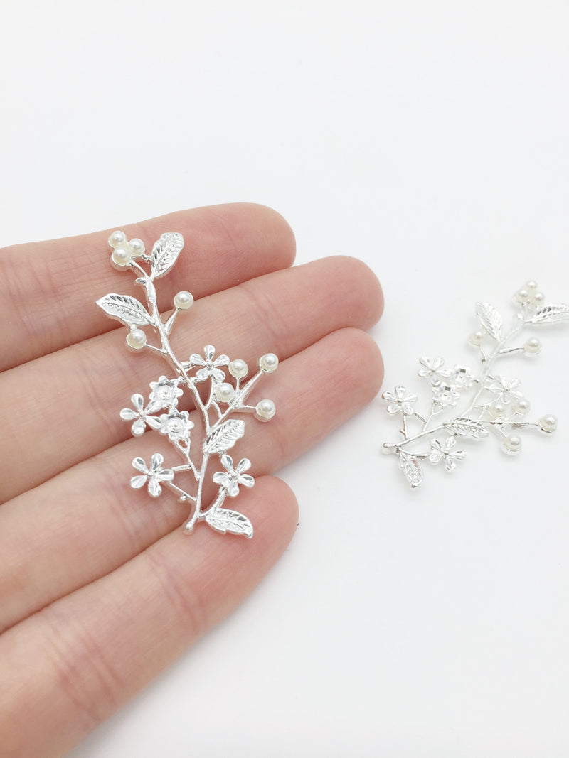 2 x Silver Plated Flower Branch Leaf Charms with Pearls, 50x24mm (3514)