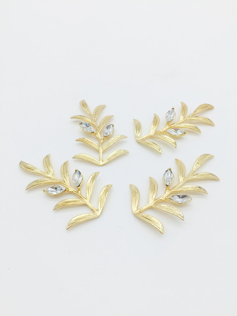 2 x Gold Metal Crystal Leaf Branch Charms, 46x26mm (3511)