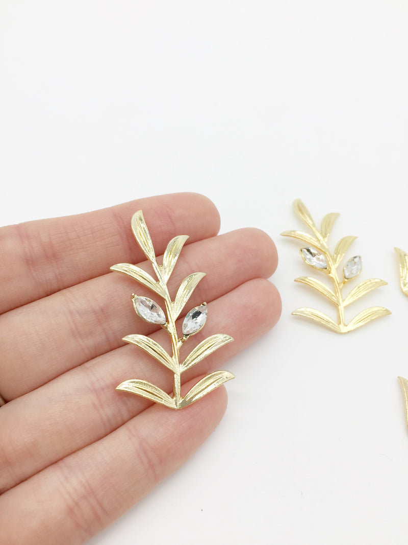 2 x Gold Metal Crystal Leaf Branch Charms, 46x26mm (3511)