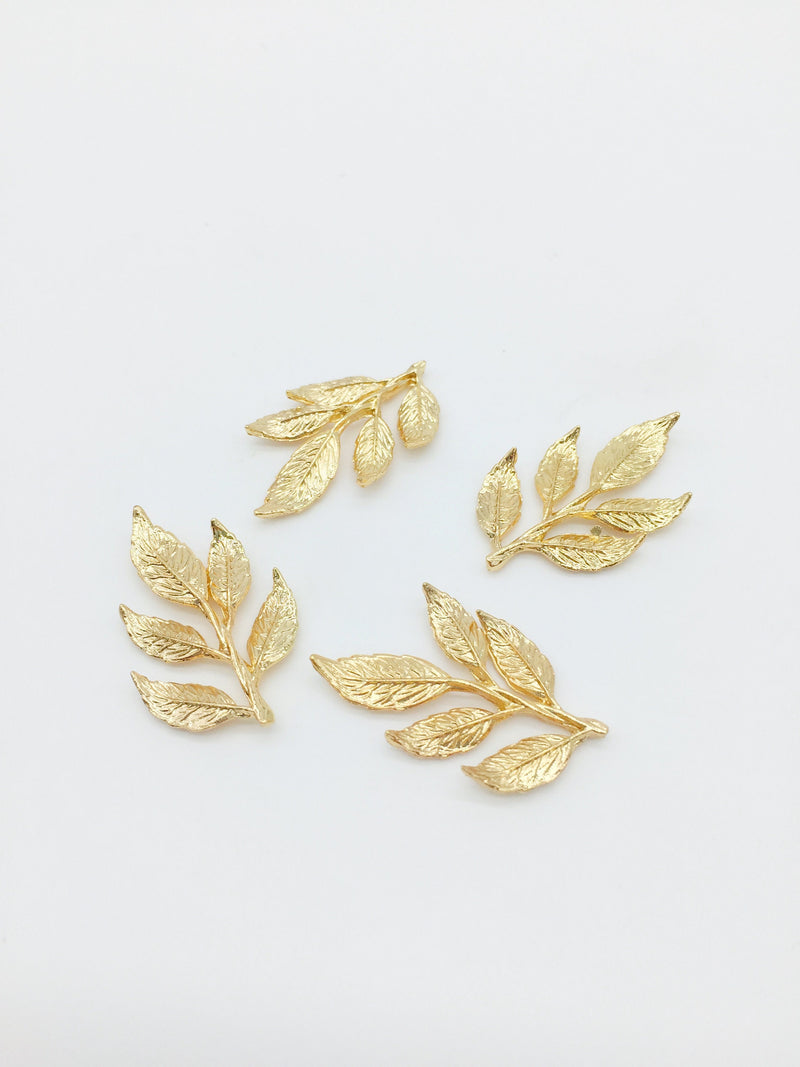 4 x Gold Plated Detailed Leaf Embellishments, 32x19mm (3513)