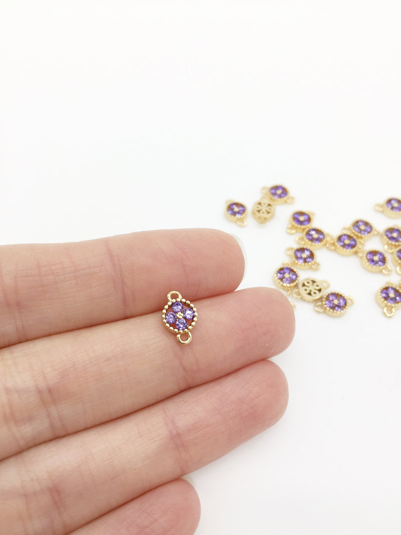 2 x 24K Gold Plated Purple Cubic Zirconia Jewellery Links with 2 Loops, 10x6.5mm (1574)