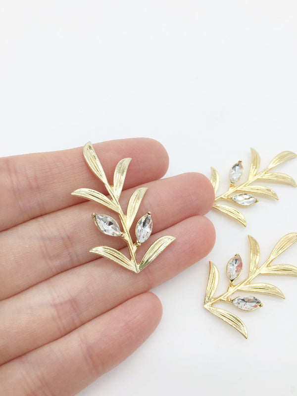 2 x Gold Metal Crystal Leaf Branch Blanks, 39x23mm (3512)