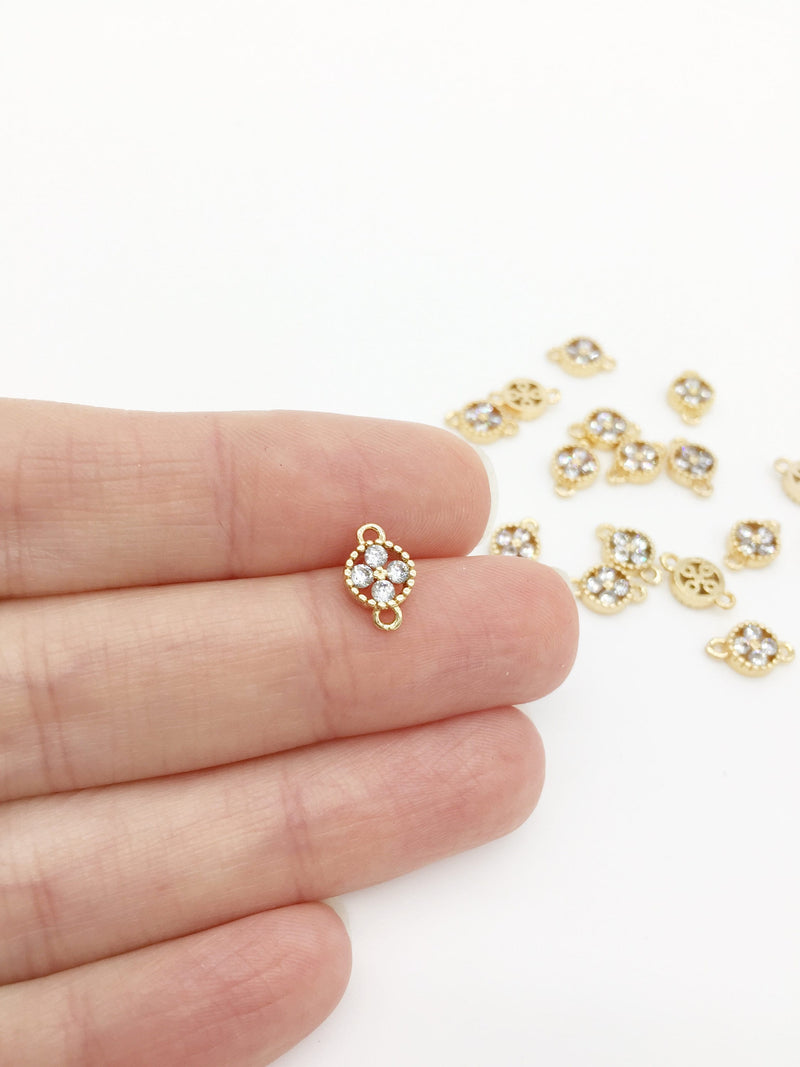 2 x 24K Gold Plated Cubic Zirconia Flower Jewellery Links, 10x6.5mm (1576)