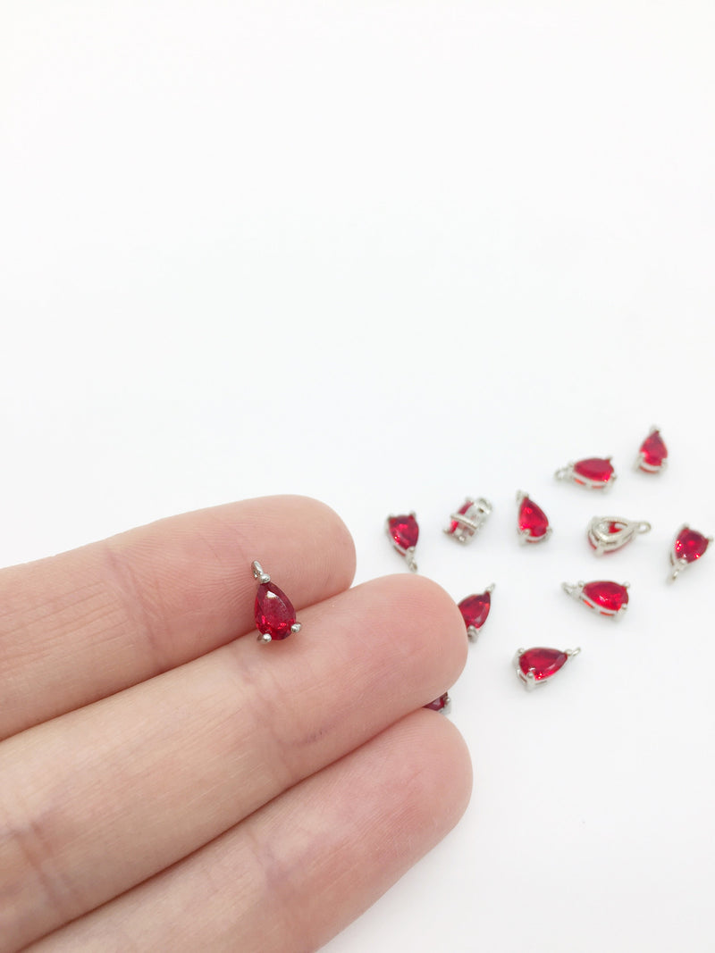 2 x Rhodium Plated Tiny Red Cubic Zirconia Teardrop Charms, 8x4mm (0244)