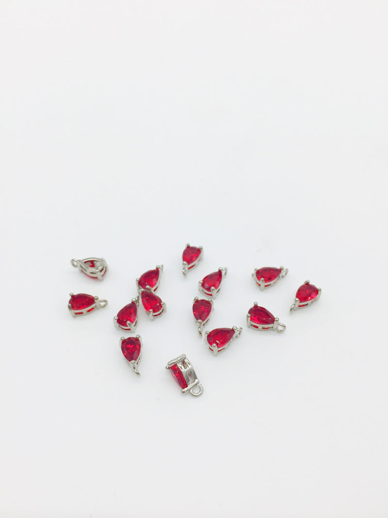 2 x Rhodium Plated Tiny Red Cubic Zirconia Teardrop Charms, 8x4mm (0244)