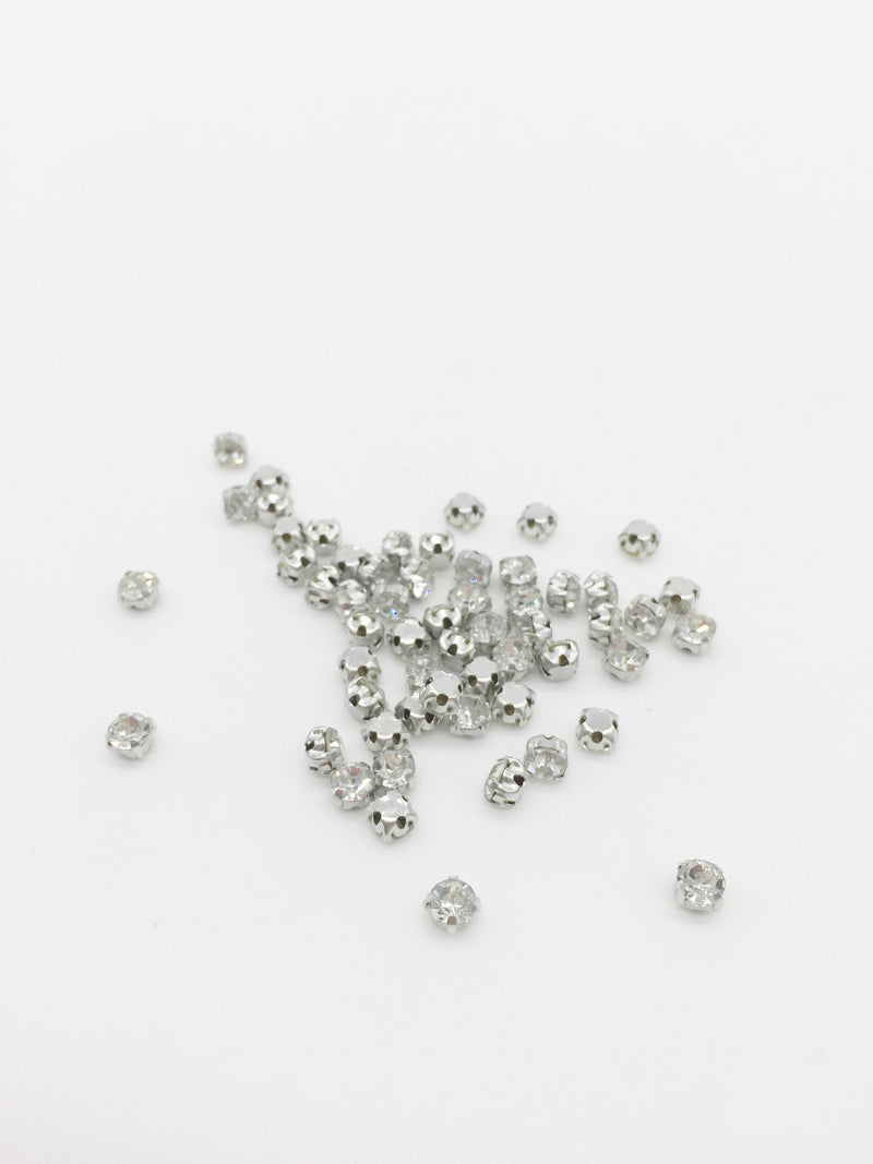 72 x Clear Crystal Sew On Rhinestones in Rhodium Base, 4.3mm, 4mm or 3.7mm (3359)