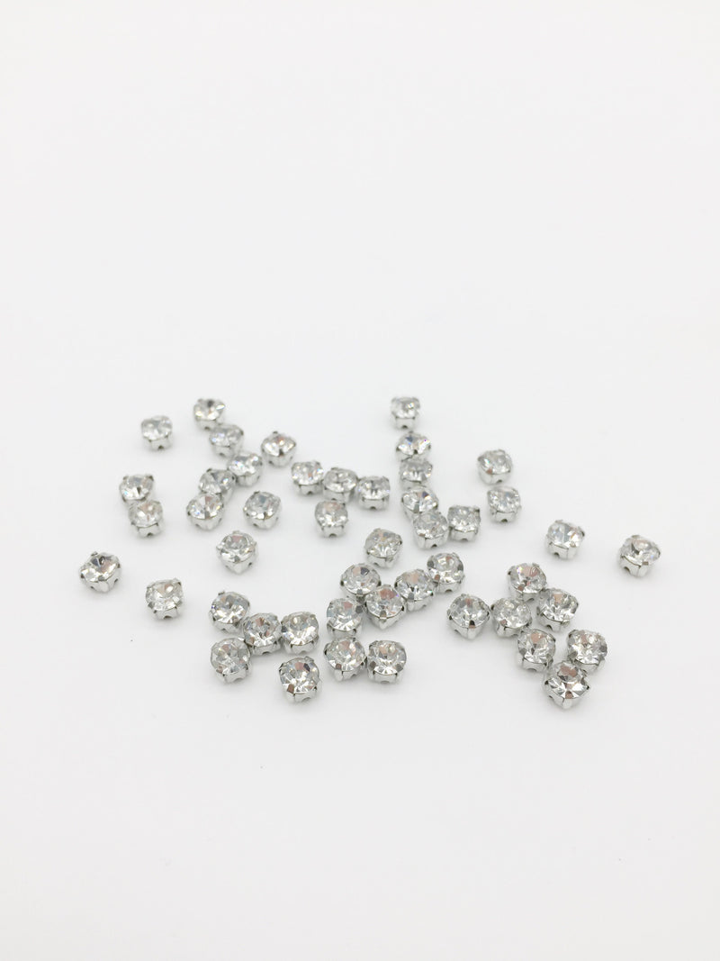 72 x Clear Crystal Sew On Rhinestones in Rhodium Base, 4.3mm, 4mm or 3.7mm (3359)