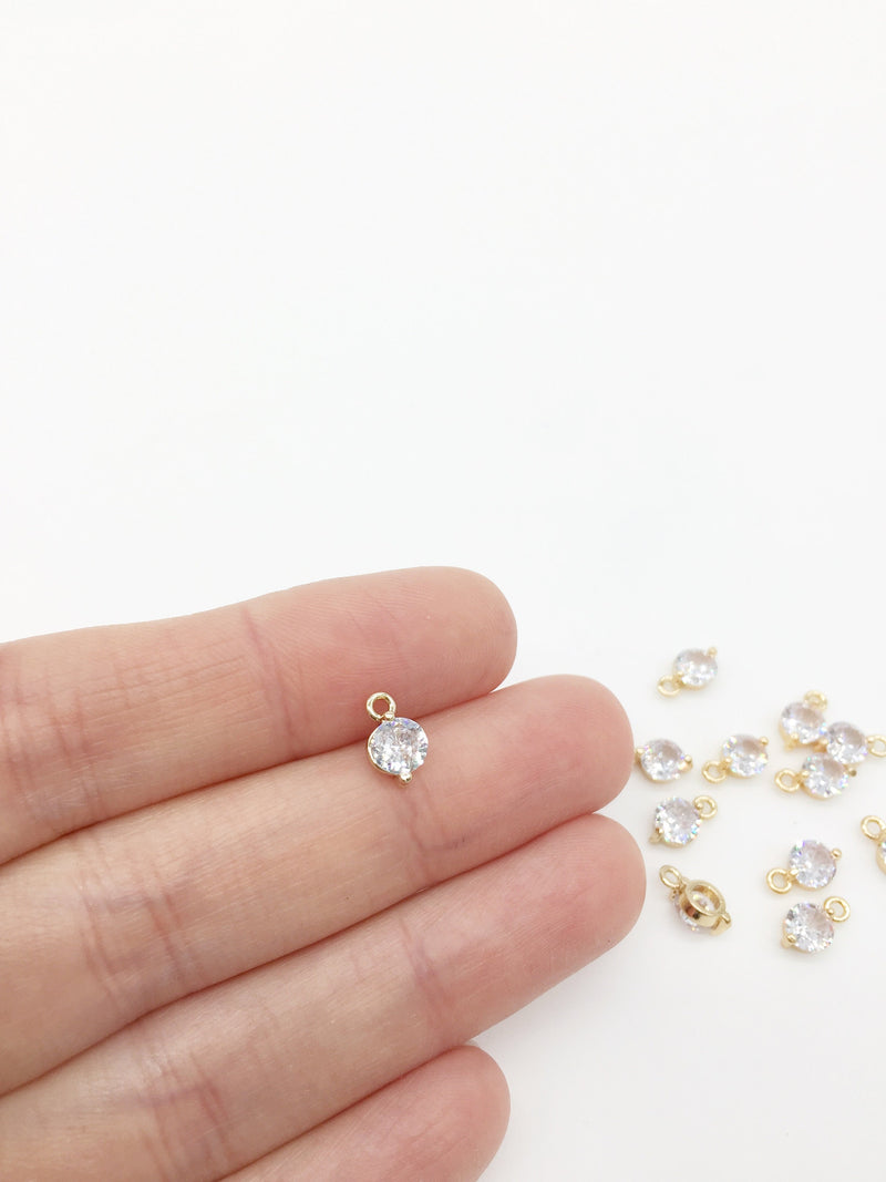 2 x 18K Gold Plated Round Cubic Zirconia Charms, 9x5mm (0030)