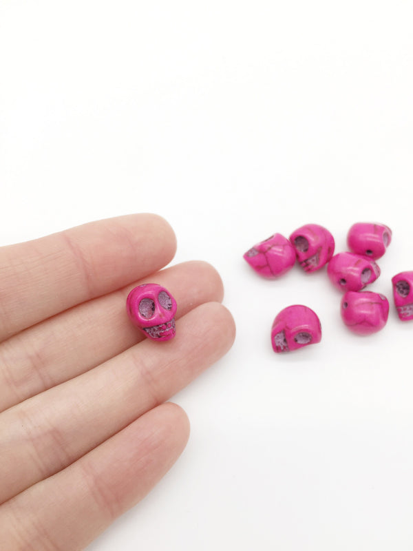 8 x Deep Pink Drilled Skull Beads, 13x11mm