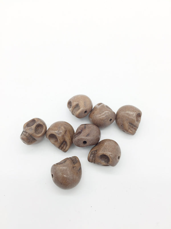 8 x Brown Stone Skull Beads, 14x11.5mm Vertically Drilled Skull Beads