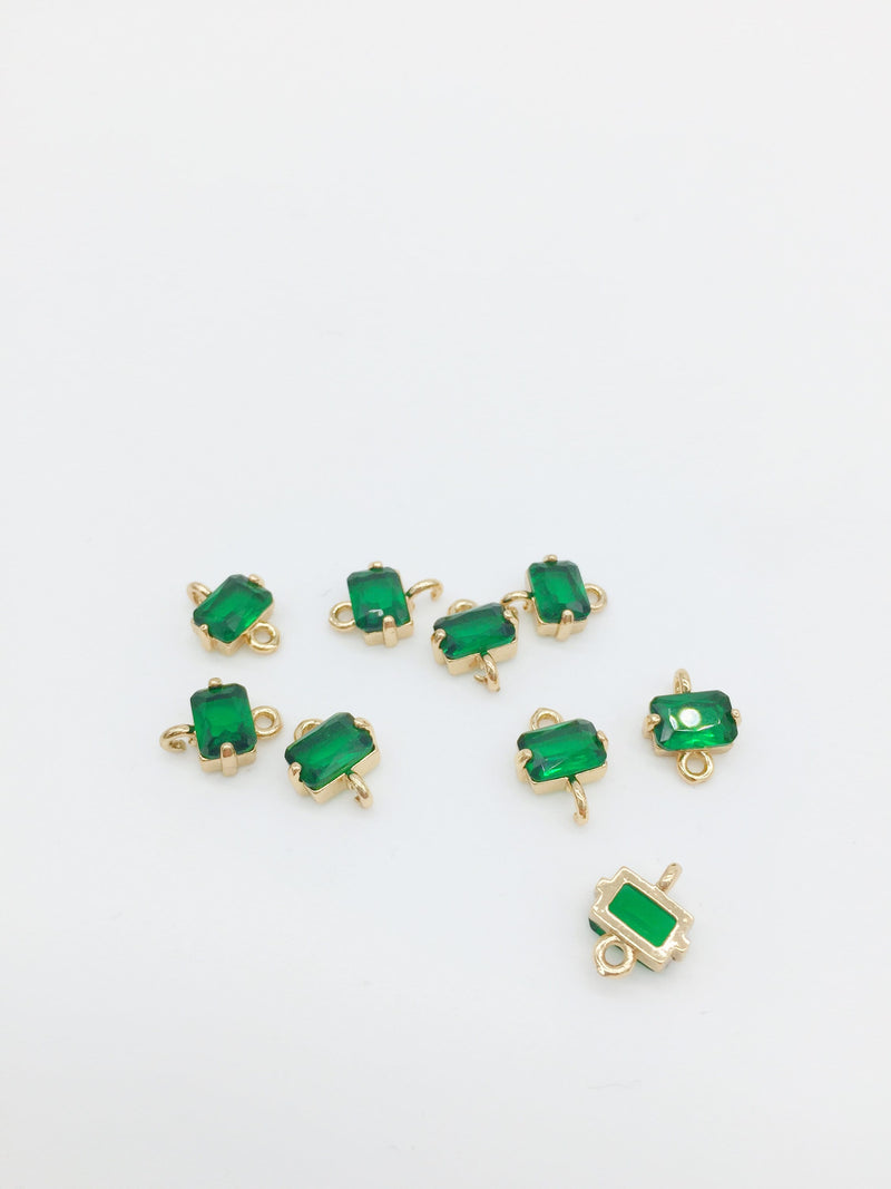 2 x 24K Gold Plated Rectangle Emerald Green Glass Connectors, 11x8.5mm (1599)