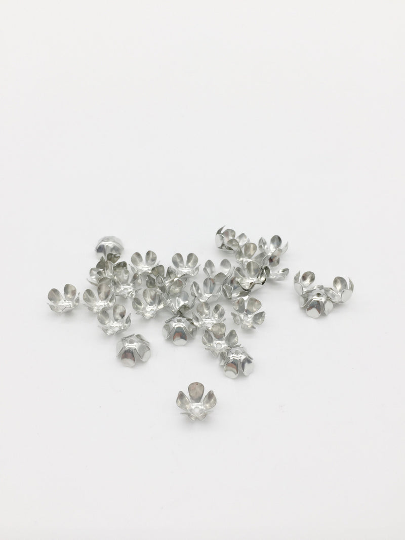 100 x Tiny Silver Flower Bead Caps, 7.5x5mm Flower Bead Caps (3261)