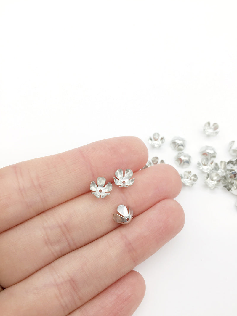 100 x Tiny Silver Flower Bead Caps, 7.5x5mm Flower Bead Caps (3261)