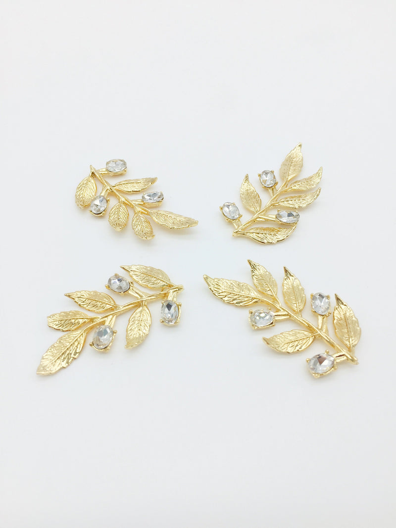 2 x Gold Metal Leaf Branch Pendants with Crystals, 40x22mm (3510)