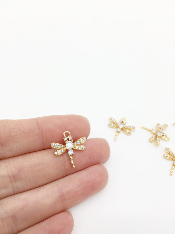 1 x 24K Gold Plated Dragonfly Charm with Cubic Zirconia, 18x17mm (1594)