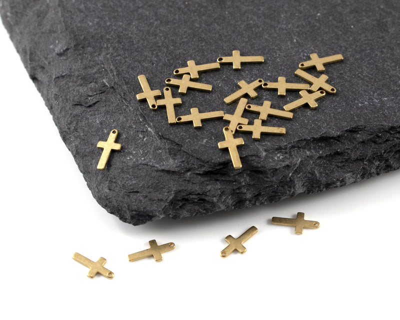 30 x Raw Brass Crucifix Cross Charms, 6.6x3.4mm (C0384)