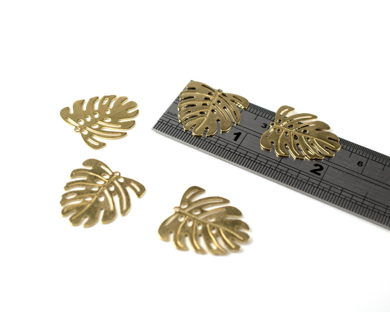 4 x Raw Brass Monstera Leaf Pendants, 22x21mm (C0097)