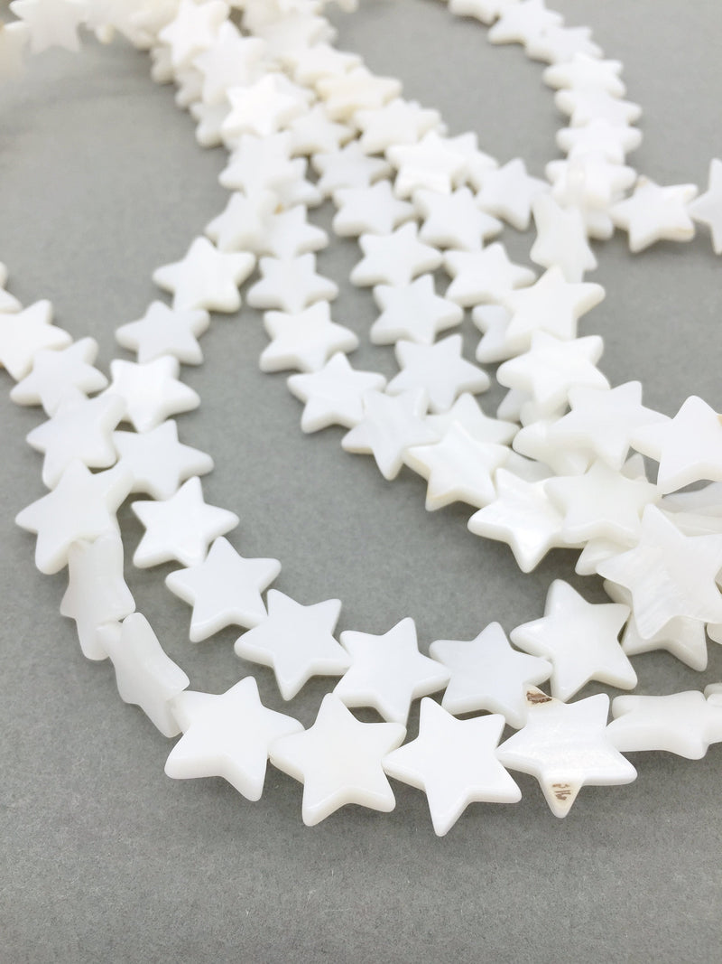 1 strand x 12mm Mother of Pearl Star Shaped Beads, Natural White Shell Beads (3265)