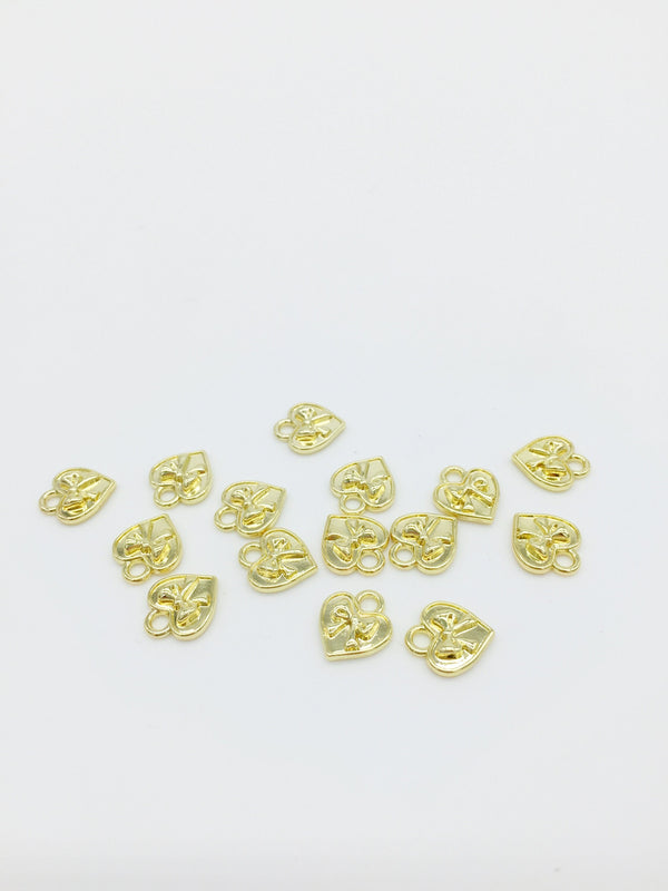 10 x Dainty Gold Plated Heart with Bow Charms, 11x9.5mm (1597)