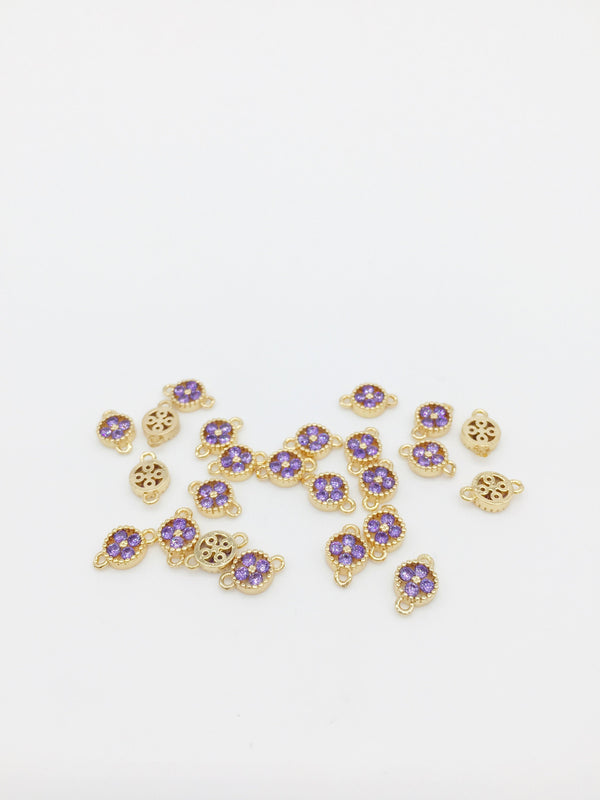 2 x 24K Gold Plated Purple Cubic Zirconia Jewellery Links with 2 Loops, 10x6.5mm (1574)