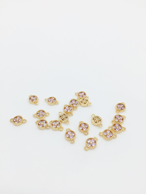 2 x 24K Gold Plated Pink Cubic Zirconia Jewellery Links with 2 Loops, 10x6.5mm (1575)