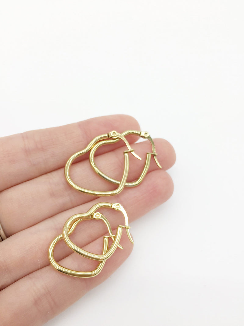 1 pair x Gold Plated Stainless Steel Heart Hoops Blanks, 23mm or 27mm (0910)