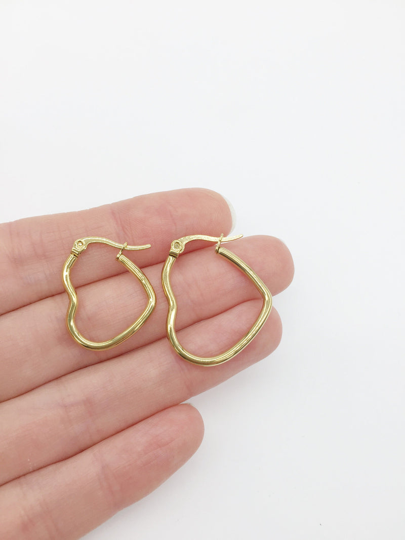 1 pair x Gold Plated Stainless Steel Heart Hoops Blanks, 23mm or 27mm (0910)