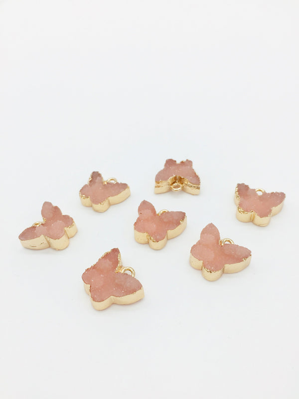 2 x Electroplated Gold Peach Druzy Butterfly Charms, 15x16mm (1237)