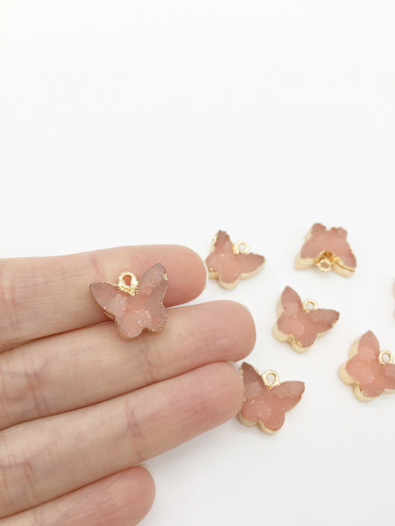 2 x Electroplated Gold Peach Druzy Butterfly Charms, 15x16mm (1237)