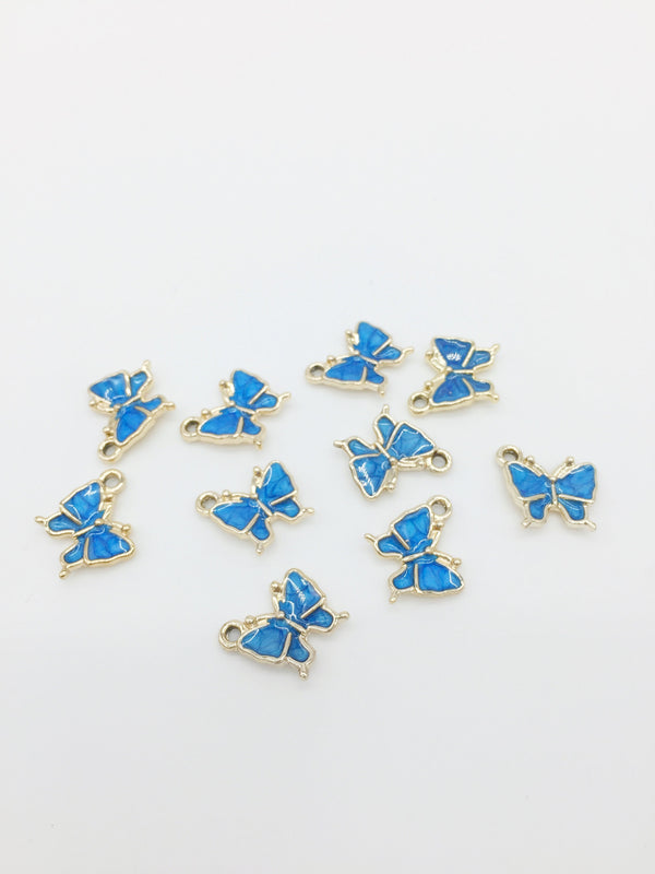 8 x Blue Enamel Butterfly Charms, 16x11mm, Light Gold Base (1241)