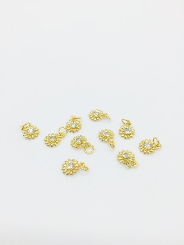 1 x 18K Gold Flower Charms with Cubic Zirconia, 10x8mm (1253)