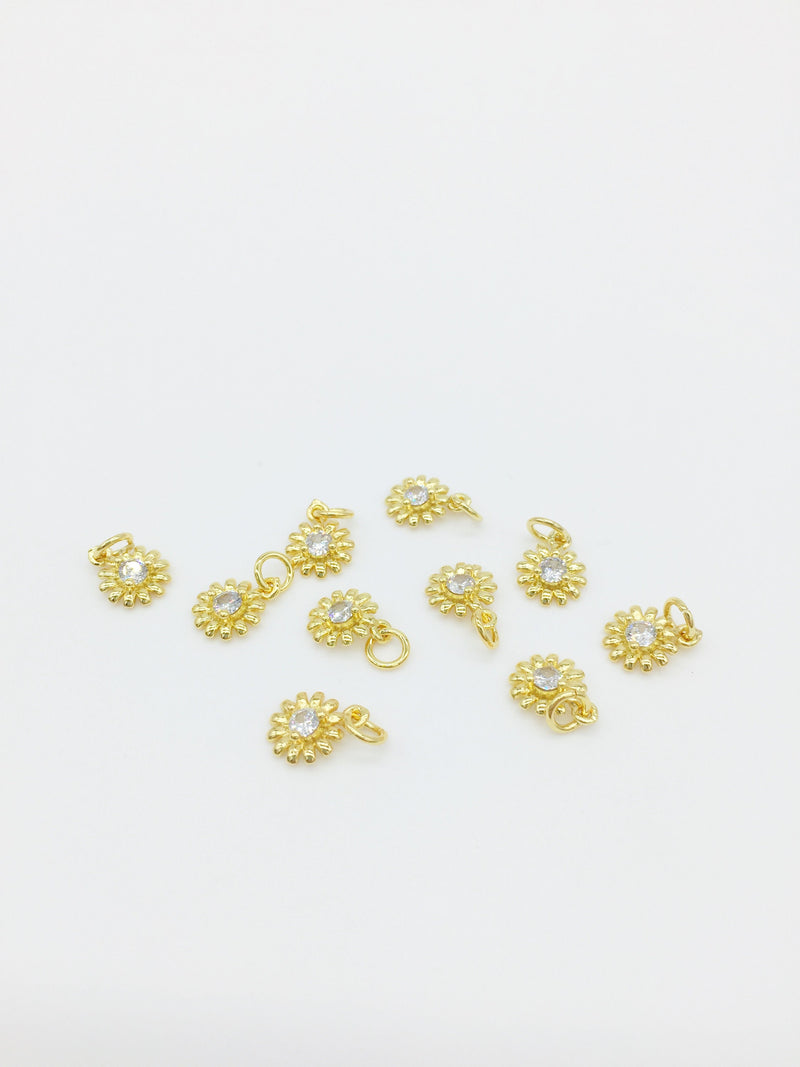 1 x 18K Gold Flower Charms with Cubic Zirconia, 10x8mm (1253)