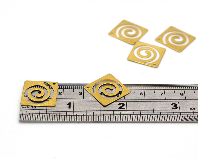 6 x Raw Brass Spiral Rectangular Pendants, 23x17mm (C0439)