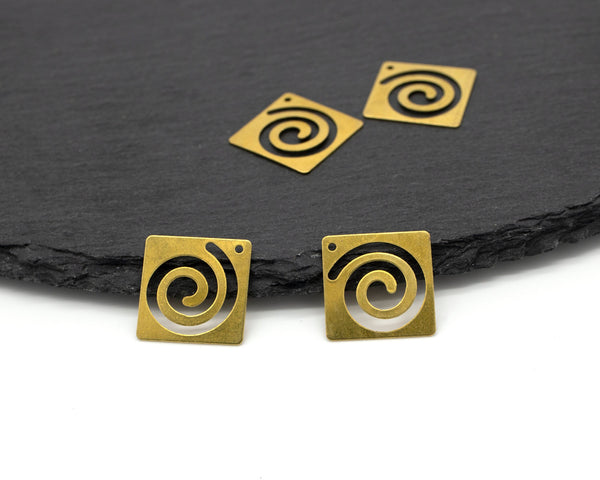 6 x Raw Brass Spiral Rectangular Pendants, 23x17mm (C0439)