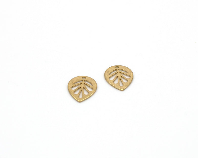 6 x Raw Brass Cut-out Leaf Pendants, 14x11mm (C0056S)