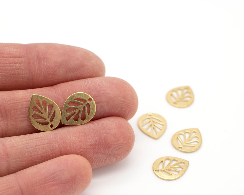 6 x Raw Brass Cut-out Leaf Pendants, 14x11mm (C0056S)