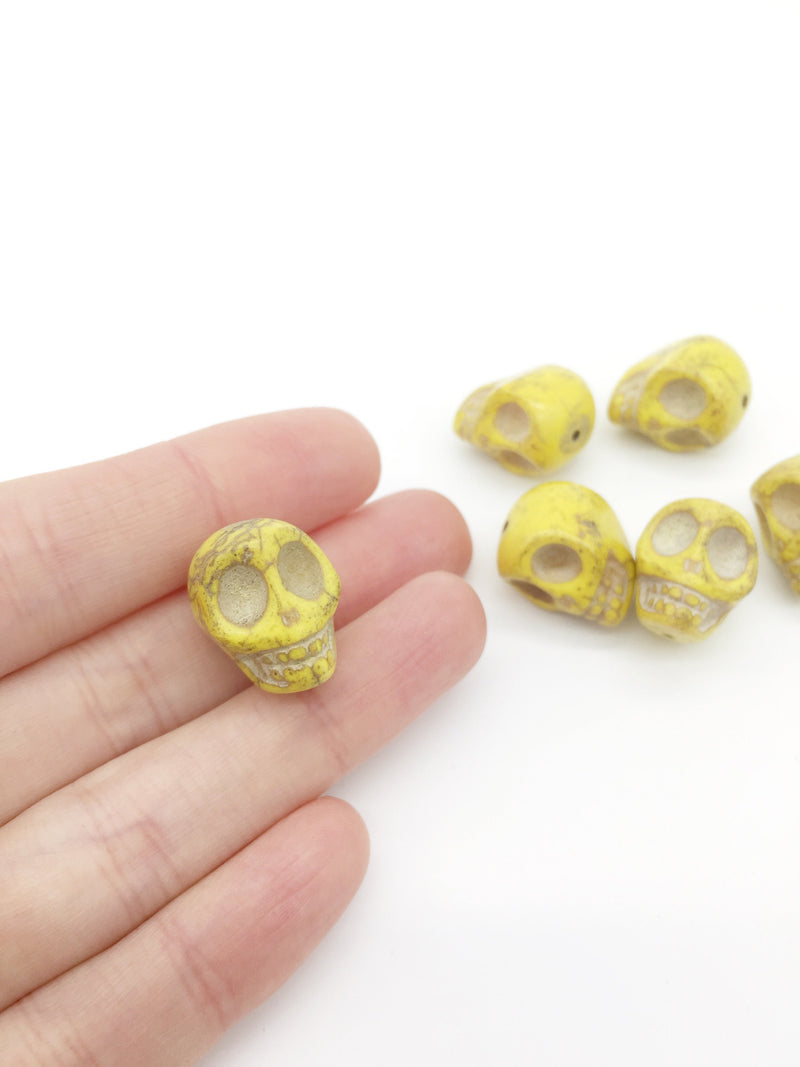 6 x Skull Beads Yellow Stone Drilled Skull Beads, 18x15mm