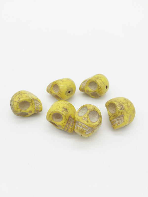 6 x Skull Beads Yellow Stone Drilled Skull Beads, 18x15mm