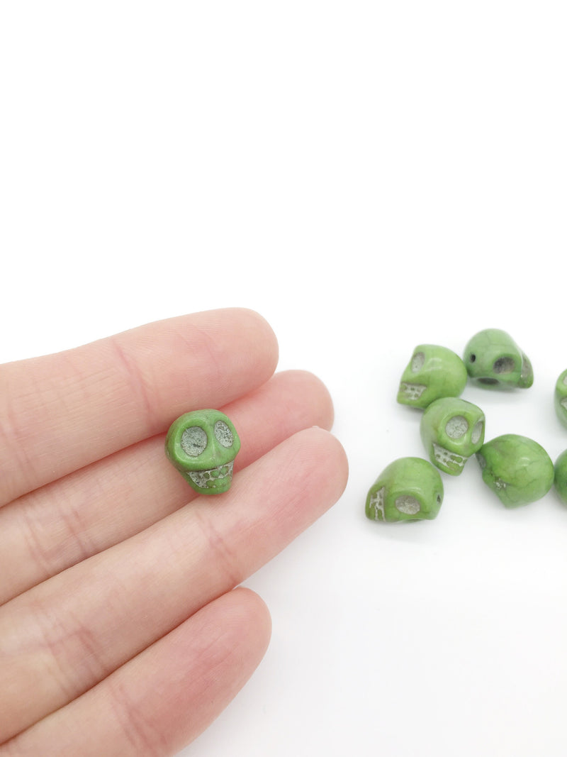 8 x Green Drilled Skull Beads, 13x11mm