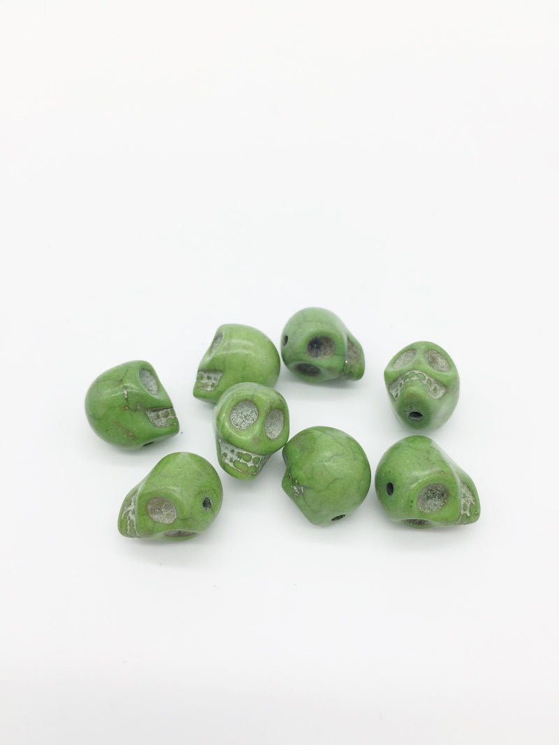 8 x Green Drilled Skull Beads, 13x11mm