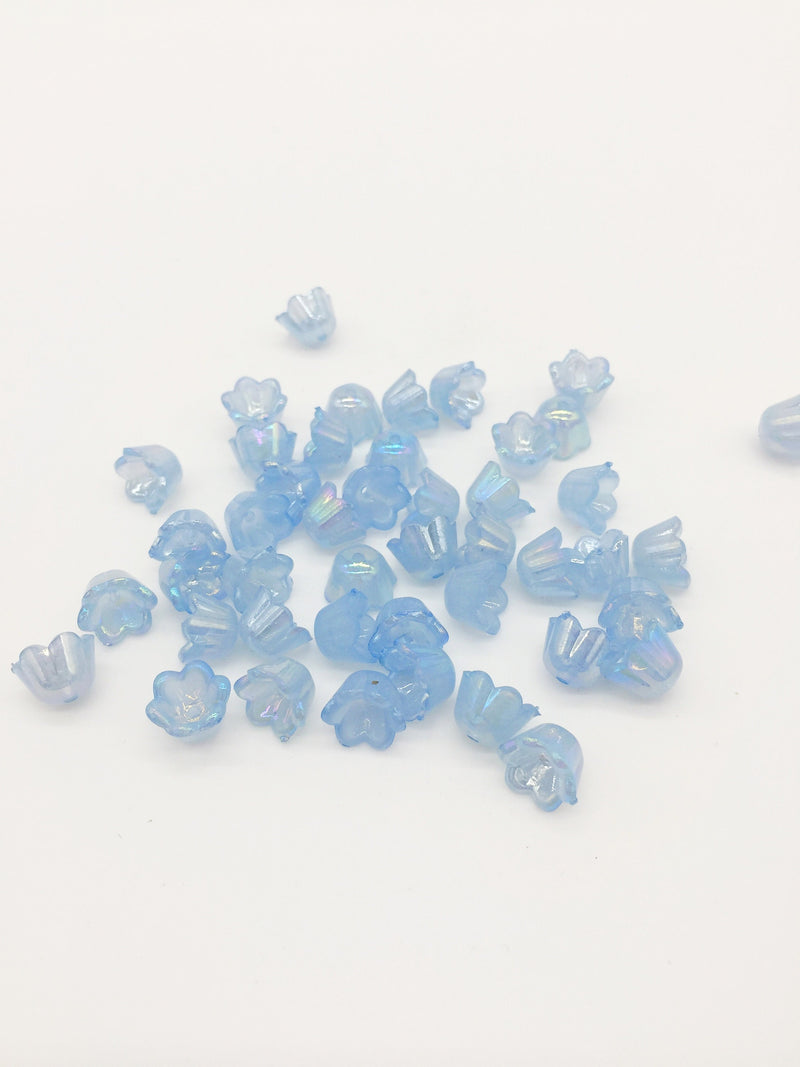 50 x Aurora Borealis Plated Blue Acrylic Bell Shaped Flower Beads, 8x10mm (3377)