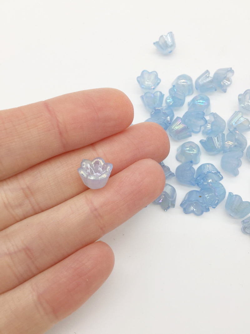 50 x Aurora Borealis Plated Blue Acrylic Bell Shaped Flower Beads, 8x10mm (3377)