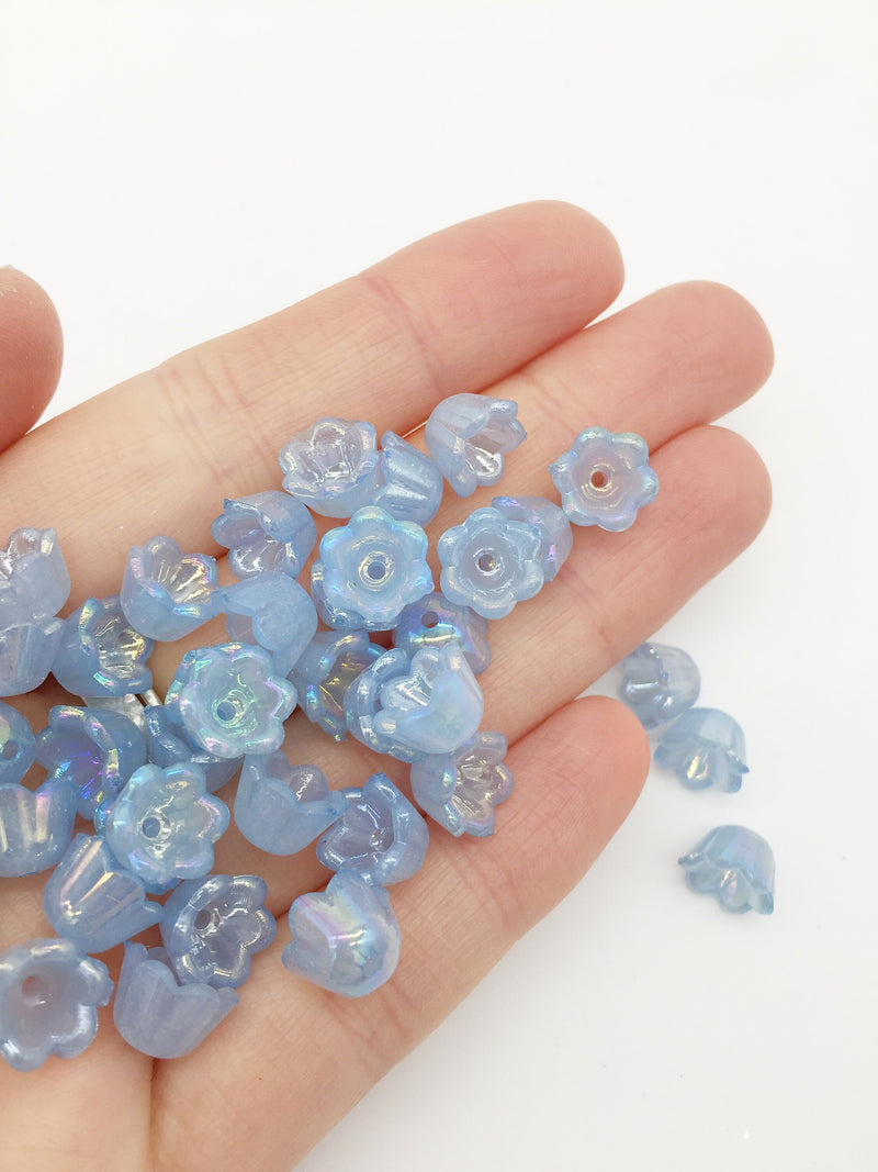 50 x Aurora Borealis Plated Blue Acrylic Bell Shaped Flower Beads, 8x10mm (3377)