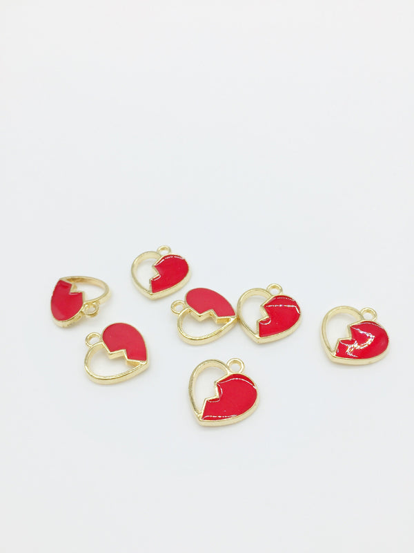 10 x Gold Tone Red Enamel Broken Heart Charms, 15x15mm (1260)